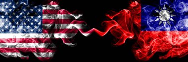 Amerika Birleşik Devletleri vs Tayvan, Tayvanlı dumanlı mistik bayrakları yan yana yerleştirilmiş. Kalın ipeksi duman bayrak Amerika ve Tayvan, Tayvan, renkli