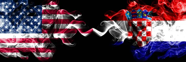 United States of America vs Croatia, Croatian smoky mystic flags placed side by side. Thick colored silky smoke flags of America and Croatia, Croatian — Stock Photo, Image