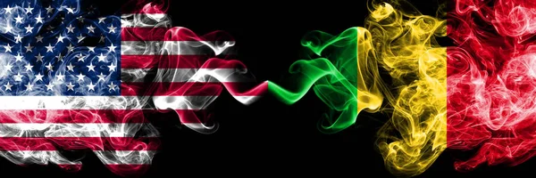 United States of America vs Mali smoky mystic flags placed side by side. Thick colored silky smoke flags of America and Mali — Stock Photo, Image