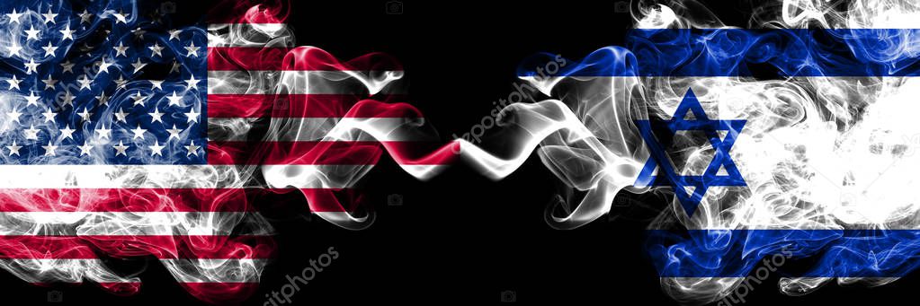 United States of America vs Israel, Israeli smoky mystic flags placed side by side. Thick colored silky smoke flags of America and Israel, Israeli
