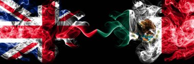İngiltere vs Meksika, Meksika dumanlı mistik bayrakları yan yana yerleştirilmiş. Kalın ipeksi duman bayrak İngiltere ve Meksika, Meksika, renkli.