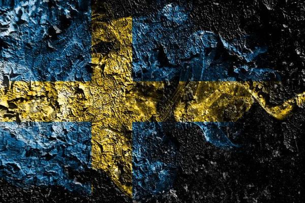 Bandera mística ahumada de Suecia sobre el viejo fondo sucio de la pared — Foto de Stock