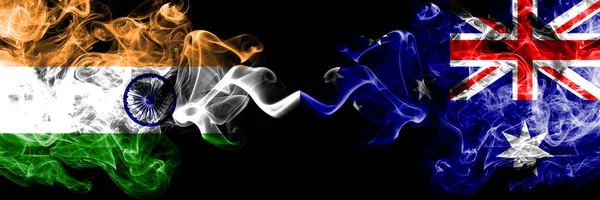 India vs Australia, Australian smoke flags placed side by side. Thick colored silky smoke flags of Indian and Australia, Australian