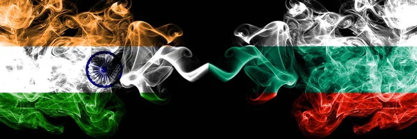 India vs Bulgaria, Bulgarian smoke flags placed side by side. Thick colored silky smoke flags of Indian and Bulgaria, Bulgarian