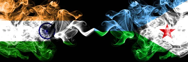 India vs Djibouti smoke flags placed side by side. Thick colored silky smoke flags of Indian and Djibouti