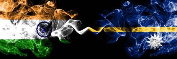 India vs Nauru smoke flags placed side by side. Thick colored silky smoke flags of Indian and Nauru