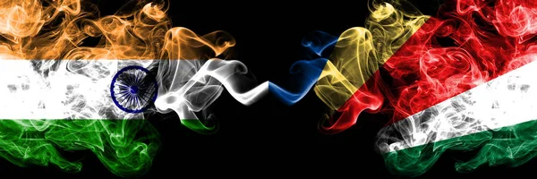 India vs Seychelles, Seychelloise smoke flags placed side by side. Thick colored silky smoke flags of Indian and Seychelles, Seychelloise — Stock Photo, Image