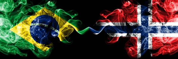 Brazil vs Norway, Norwegian smoke flags placed side by side. Thick colored silky smoke flags of Brazilian and Norway, Norwegian — Stock Photo, Image