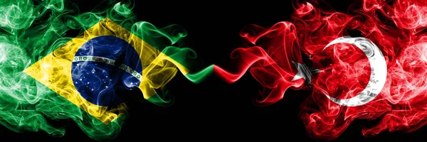 Brazil vs Turkey, Turkish smoke flags placed side by side. Thick colored silky smoke flags of Brazilian and Turkey, Turkish — Stock Photo, Image