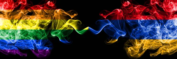 Gay vs Armenia, Armenian smoke flags placed side by side. Thick colored silky smoke flags of Pride and Armenia, Armenian — Stock Photo, Image