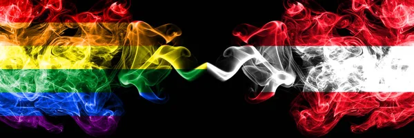 Gay vs Austria, Austrian smoke flags placed side by side. Thick colored silky smoke flags of Pride and Austria, Austrian — Stock Photo, Image