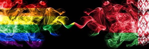 Gay vs Belarus, Belarusian smoke flags placed side by side. Thick colored silky smoke flags of Pride and Belarus, Belarusian — Stock Photo, Image