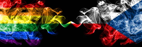 Bandeiras de fumaça Gay vs República Tcheca colocadas lado a lado. Bandeiras de fumo sedoso de cor grossa do Orgulho e da República Checa — Fotografia de Stock