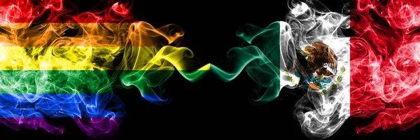 Gay vs Mexico, Mexican smoke flags placed side by side. Thick colored silky smoke flags of Pride and Mexico, Mexican — Stock Photo, Image