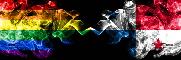 Gay vs Panama smoke flags placed side by side. Thick colored silky smoke flags of Pride and Panama — Stock Photo, Image