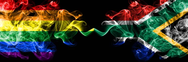 Gay vs South Africa, African smoke flags placed side by side. Thick colored silky smoke flags of Pride and South Africa, African — Stock Photo, Image