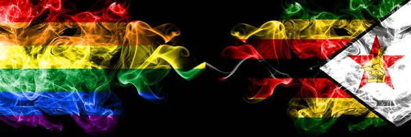 Gay vs Zimbabwe, Zimbabwean smoke flags placed side by side. Thick colored silky smoke flags of Pride and Zimbabwe, Zimbabwean — Stock Photo, Image