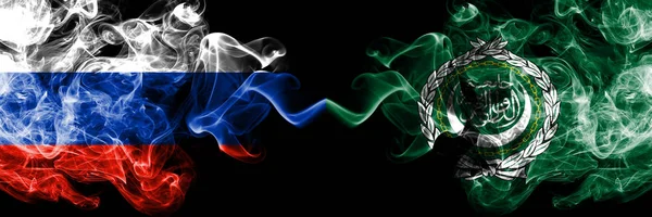 Russian vs Arab League smoke flags placed side by side. Thick colored silky smoke flags of Russia and Arab League