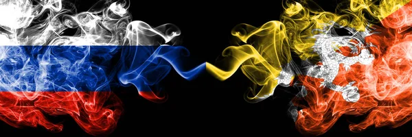 Russian vs Bhutan, Bhutanese smoke flags placed side by side. Thick colored silky smoke flags of Russia and Bhutan, Bhutanese — 图库照片