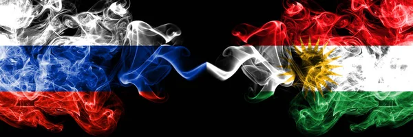 Russian vs Kurdistan, Kurdish smoke flags placed side by side. Thick colored silky smoke flags of Russia and Kurdistan, Kurdish — Stock Photo, Image