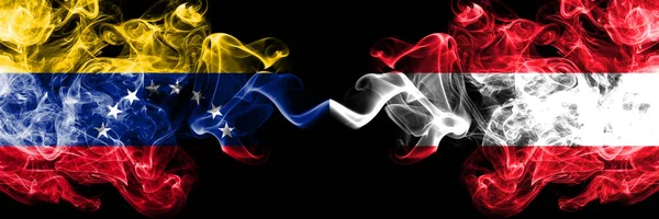 Venezuela vs Austria, Austrian smoky mystic flags placed side by side. Thick colored silky smoke flags of Venezuela and Austria, Austrian — Stock Photo, Image