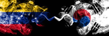 Venezuela, Güney Kore 'ye karşı, yan yana yerleştirilmiş Kore dumanlı mistik bayrakları. Venezuela ve Güney Kore 'nin koyu renkli dumanlı bayrakları, Kore