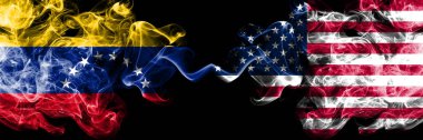 Venezuela, Amerika Birleşik Devletleri 'ne karşı. Yan yana yerleştirilmiş Amerikan dumanlı mistik bayrakları. Venezuela ve Amerika Birleşik Devletleri 'nin kalın renkli dumanlı bayrakları