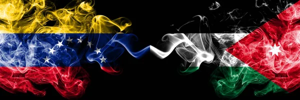 Venezuela vs Jordan, Jordanian smoky mystic flags placed side by side. Thick colored silky smoke flags of Venezuela and Jordan, Jordanian — Stock Photo, Image