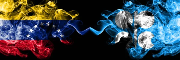 Venezuela vs OPEC smoky mystic flags placed side by side. Thick colored silky smoke flags of Venezuela and OPEC — Stock Photo, Image