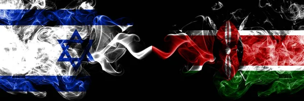 Israel vs Kenia, banderas místicas ahumadas de Kenia colocadas una al lado de la otra. Bandera de humo sedoso de color grueso de Israel y Kenia, Kenia —  Fotos de Stock