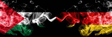 Filistin vs Almanya, Alman dumanlı mistik bayraklar yan yana yerleştirilir. Kalın renkli ipeksi Sigara Lar Bayrak Filistinliler ve Almanya, Alman