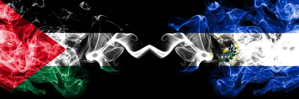 Palestine vs El Salvador, Salvadorian smoky mystic flags placed side by side. Thick colored silky smokes flag of Palestinians and El Salvador, Salvadorian — Stock Photo, Image