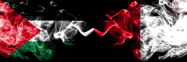 Palestine vs Malta, Maltese smoky mystic flags placed side by side. Thick colored silky smokes flag of Palestinians and Malta, Maltese — Stock Photo, Image