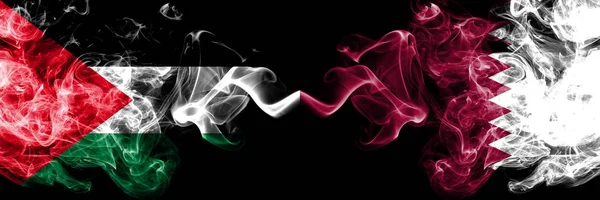 Palestine vs Qatar, Qatari smoky mystic flags placed side by side. Thick colored silky smokes flag of Palestinians and Qatar, Qatari — Stock Photo, Image