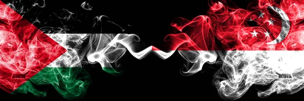 Palestine vs Singapore, Singaporean smoky mystic flags placed side by side. Thick colored silky smokes flag of Palestinians and Singapore, Singaporean — Stock Photo, Image