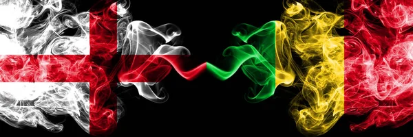 English vs Mali smoky mystic flags placed side by side. Thick colored silky smokes flag of England and Mali. — Stock Photo, Image