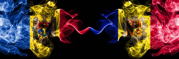 Moldavien, moldaviska, Andorra, Andorran konkurrens tjocka färgglada rökiga flaggor. Europeiska fotbolls kvalifikationer spel — Stockfoto