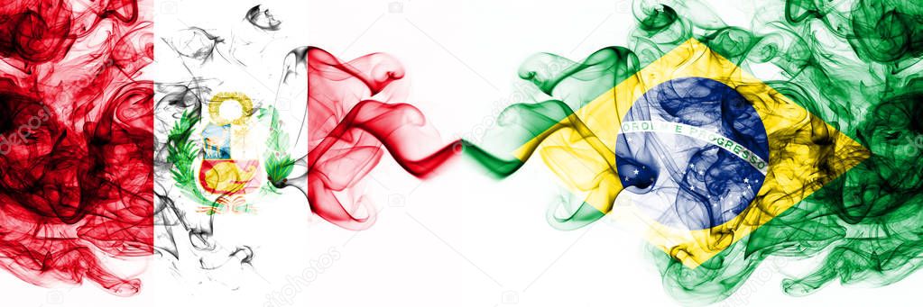 Peru, Peruan, Brazil, Brazilian, competition thick colorful smoky flags. America football group stage qualifications match games 