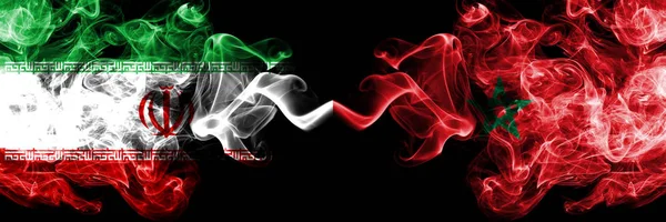 Iran vs Morocco, Moroccan smoky mystic states flags placed side by side. Thick colored silky smokes flag combination of Iranian and Morocco, Moroccan