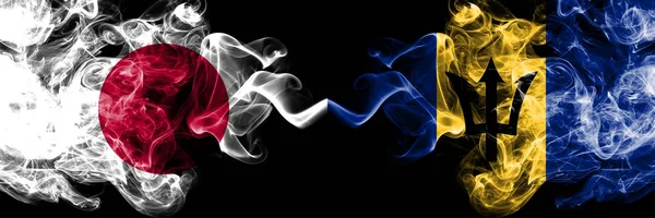 Ιαπωνία vs Μπαρμπάντος, Μπαρμπάντος καπνίζουν μυστικιστικές σημαίες τοποθετημένες δίπλα-δίπλα. Παχύ χρώμα μεταξένια καπνίζει συνδυασμό των Μπαρμπάντος, Μπαρμπάντος και ιαπωνική σημαία — Φωτογραφία Αρχείου