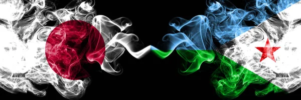 Japan vs Djibouti smoky mystic flags placed side by side. Thick colored silky smokes combination of Djibouti and Japanese flag — Stock Photo, Image