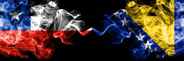 Chile vs Bosnia and Herzegovina, Bosnian smoky mystic flags placed side by side. Thick colored silky smokes combination of Bosnia and Herzegovina, Bosnian and Chilean flag — Stock Photo, Image