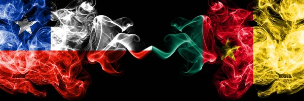 Chile vs Cameroon, Cameroonian smoky mystic flags placed side by side. Thick colored silky smokes combination of Cameroon, Cameroonian and Chilean flag — Stock Photo, Image