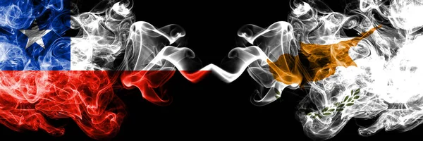 Chile vs Cyprus, Cyprian smoky mystic flags placed side by side. Thick colored silky smokes combination of Cyprus, Cyprian and Chilean flag — Stock Photo, Image