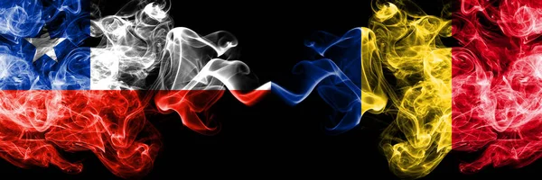 Chile vs Romania, Romanian smoky mystic flags placed side by side. Thick colored silky smokes combination of Romania, Romanian and Chilean flag — Stock Photo, Image