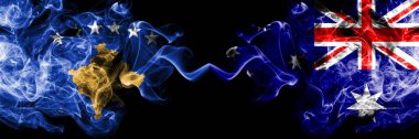 Kosova vs Avustralya, Avustralya dumanlı mistik bayraklar yan yana yerleştirilir. Kalın renkli ipeksi Sigara Kosova ve Avustralya, Avustralya bayrağı kombinasyonu