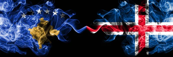 Kosovo vs Iceland, Icelandic smoky mystic flags placed side by side. Thick colored silky smokes combination of Kosovo and Iceland, Icelandic flag — Stock Photo, Image