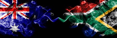 Avustralya vs Güney Afrika, Afrika dumanlı mistik bayraklar yan yana yerleştirilir. Kalın renkli ipeksi Avustralya ve Güney Afrika, Afrika ulusal bayrakları kombinasyonu sigara