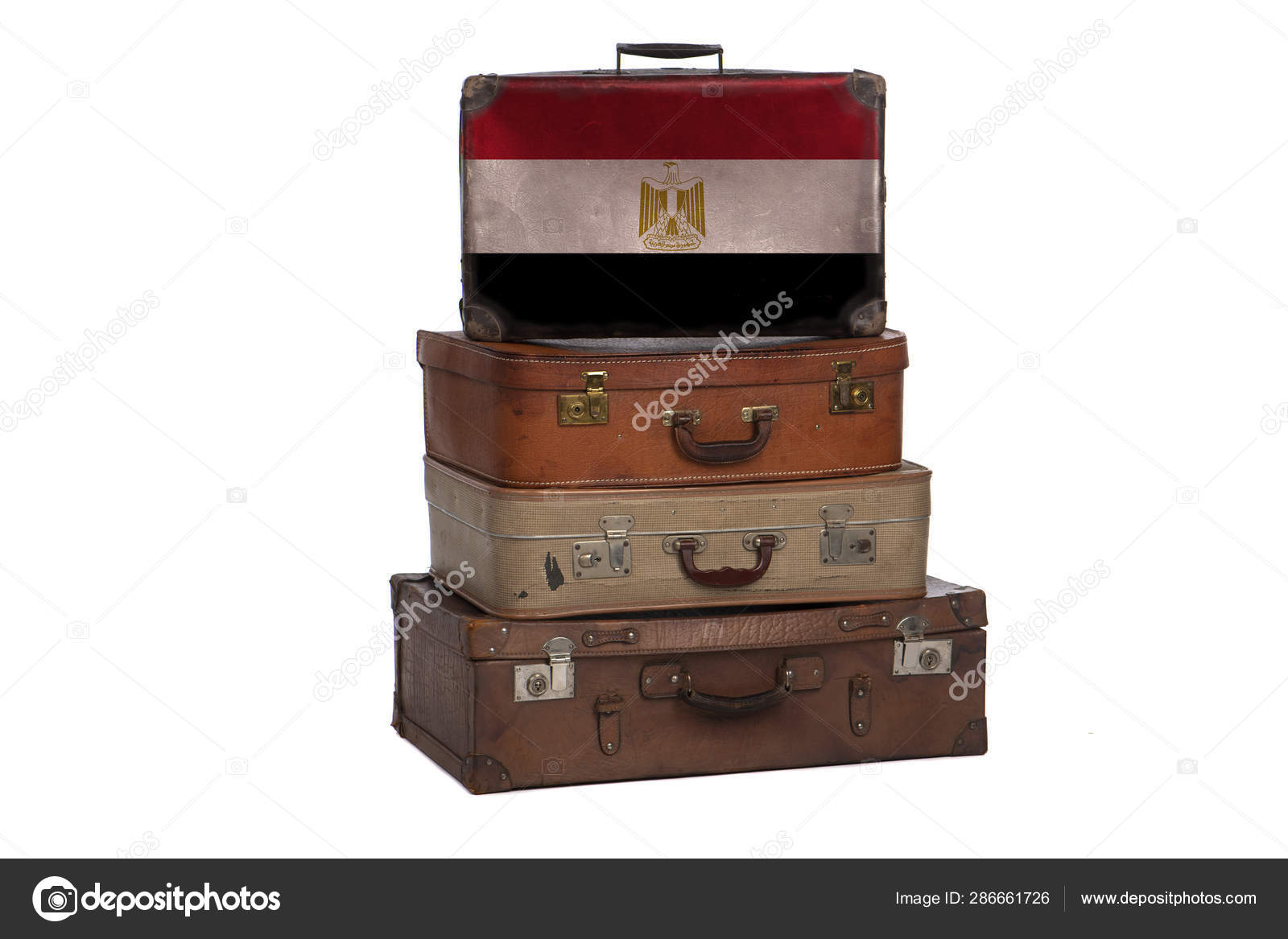 Egypt, Egyptian travel concept. Group of vintage suitcases isolated on