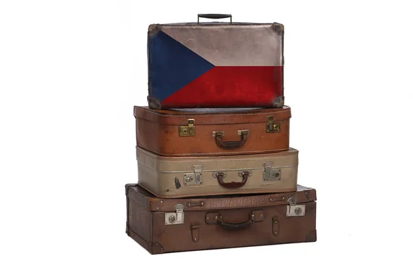 Koncepcja podróży Czech Republic. Grupa Vintage walizki izolowane na białym tle. — Zdjęcie stockowe